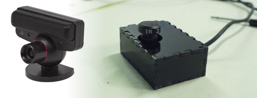 On the left: the PS3 EYE used to capture what's on the surface. On the right: the same webcam now in a custom mount and a wide angle lens.